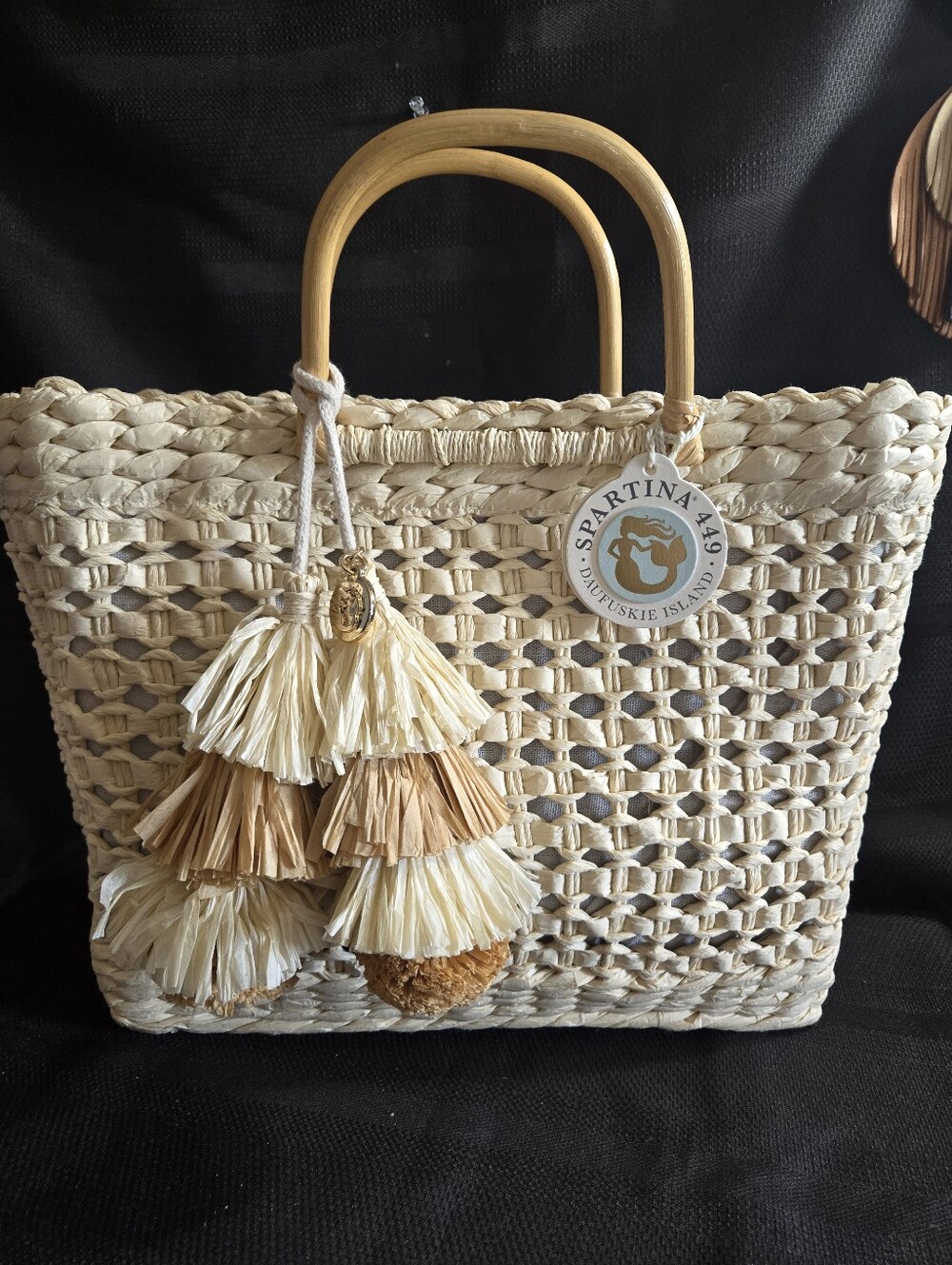 Spartina 449 Cream and Tan Woven Straw Tote with Tassels NWT